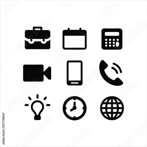  Set of nine black and white business and office-related icons, including an envelope, briefcase, folder, smartphone, magnifying glass, calendar, lightbulb, telephone, and clock, symbolizing work
