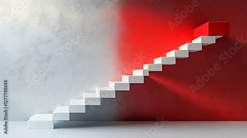 Abstract 3D render of a staircase. The white steps lead up. The red steps appear separately as the next steps. high resolution AI Generative image
