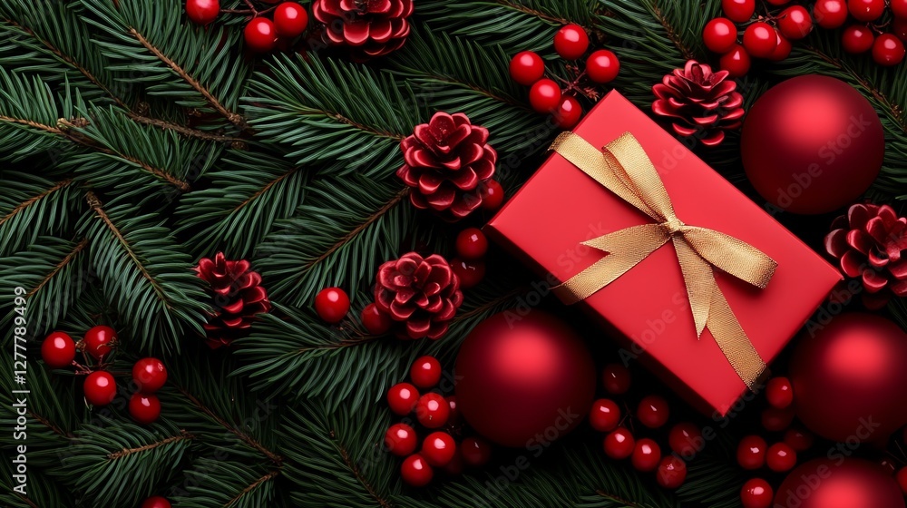 Dark red gift boxes with golden ribbons on pine branches and red berries. Photorealistic flat lay, perfect for holiday marketing and festive projects Dark red gift boxes with golden ribbons on pine branches and red berries. Photorealistic flat lay, perfect for holiday marketing and festive projects