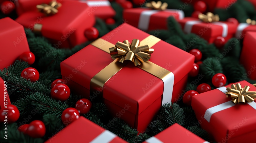Obraz premium Dark red gift boxes with golden ribbons on pine branches and red berries. Photorealistic flat lay, perfect for holiday marketing and festive projects