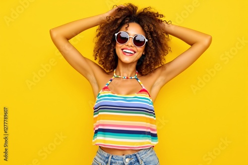 Wallpaper Mural Cheerful woman in striped top and sunglasses smiling with hands in hair against a yellow background. Summer fashion and happiness concept. Ai generative Torontodigital.ca