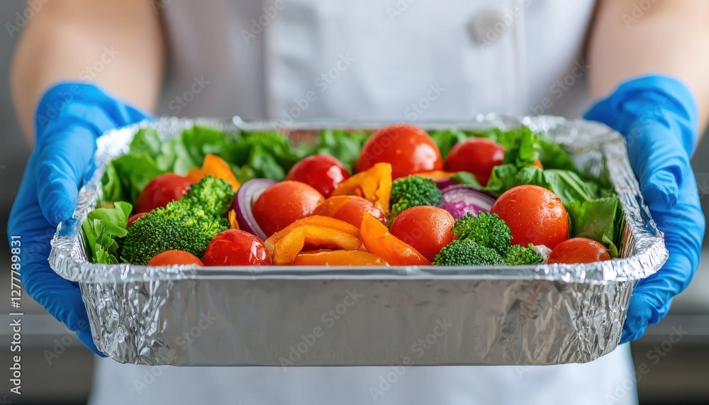 A person in gloves holds a tray of fresh mixed vegetables, showcasing vibrant colors and healthy ingredients. A person in gloves holds a tray of fresh mixed vegetables, showcasing vibrant colors and healthy ingredients.
