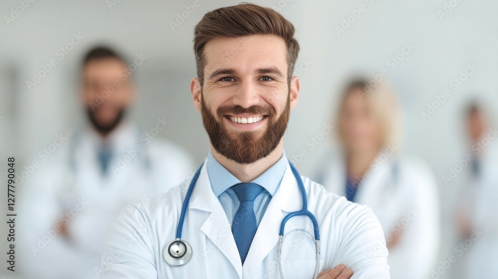 A confident male doctor smiles warmly, dressed in a white coat with a stethoscope, surrounded by colleagues in a bright, professional setting.