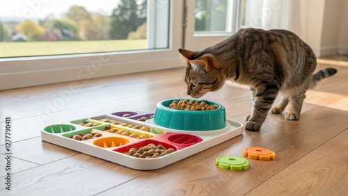 Tabby Cat Eating Kibble from Interactive Puzzle Feeder on Wood Floor