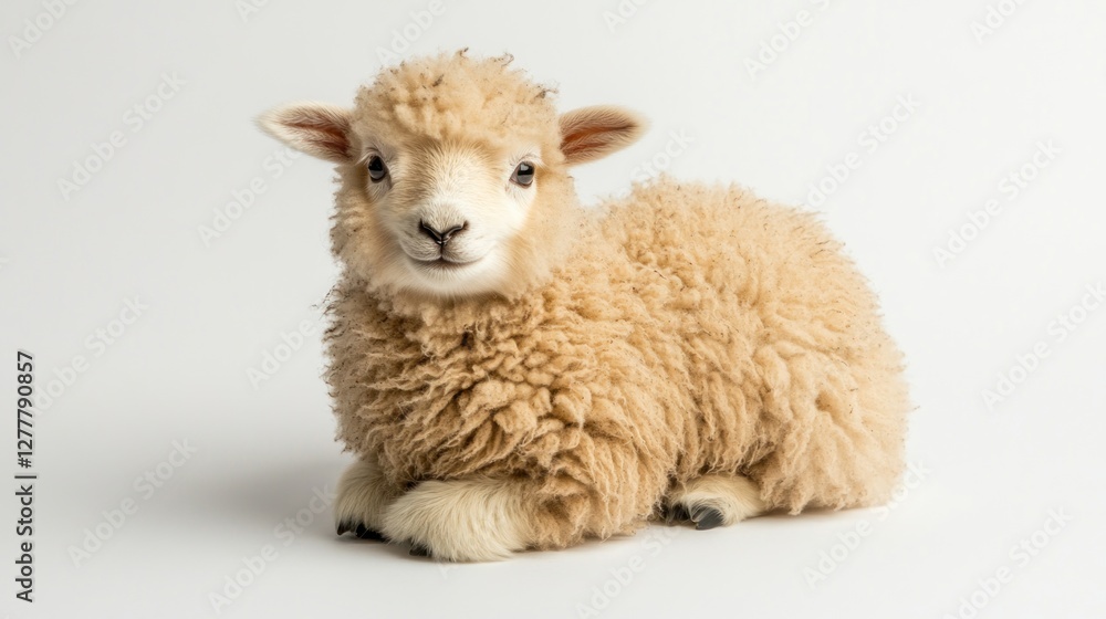Fototapeta premium Cute lamb sitting, white background, farm animal