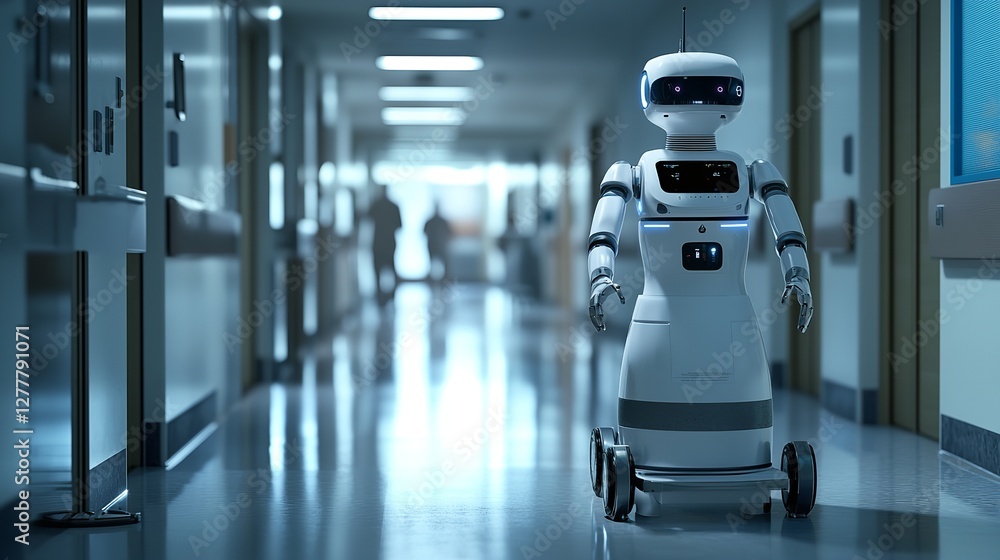 Fototapeta premium Cutting-Edge Care: Human-Robot Interaction in a Modern Healthcare Facility