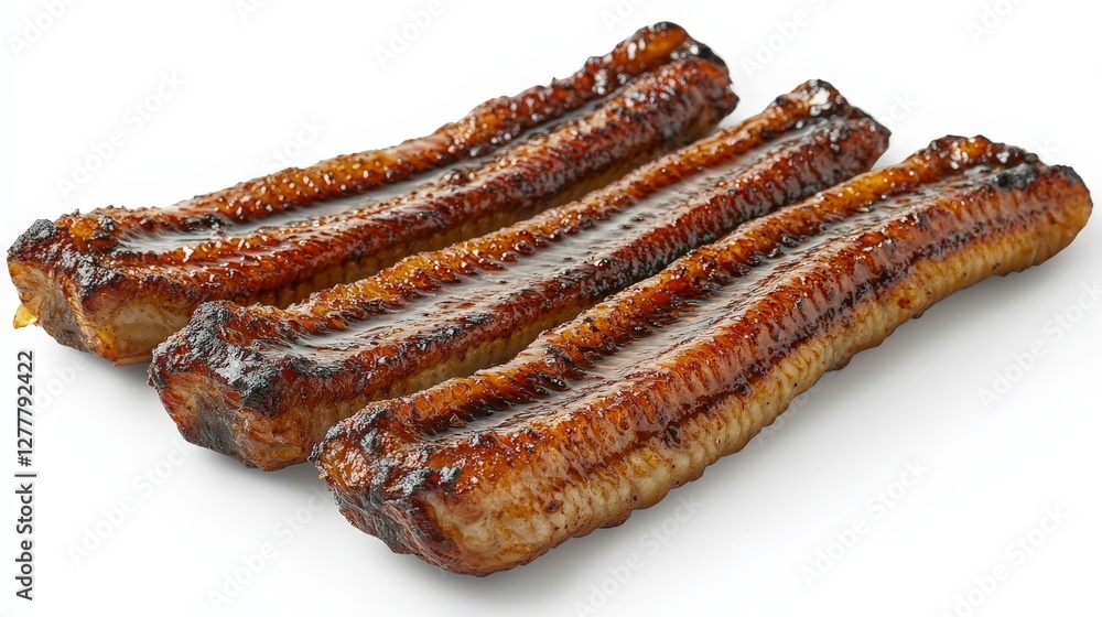 Three glossy, grilled eel fillets arranged on a white background. Three glossy, grilled eel fillets arranged on a white background.