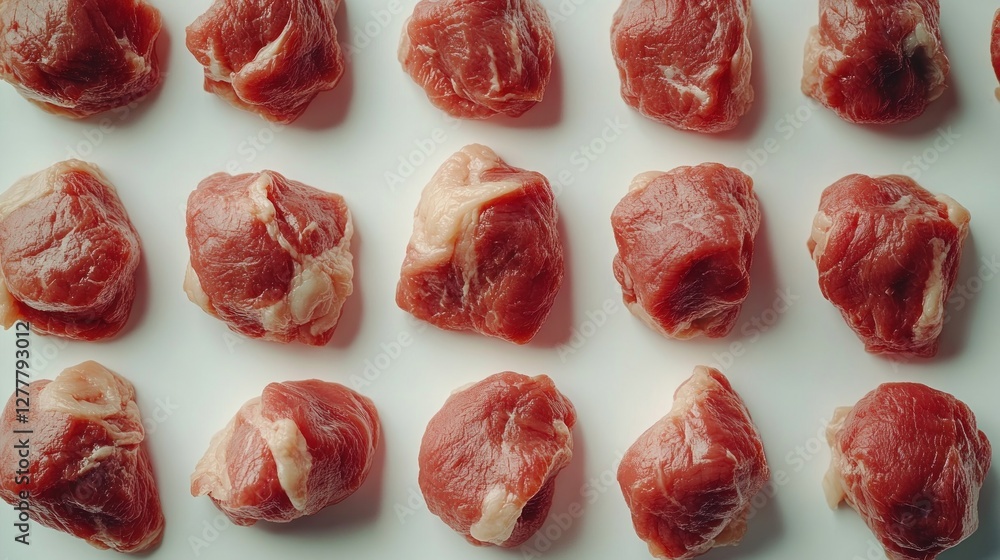 Raw meat cubes arranged on white background, food preparation Raw meat cubes arranged on white background, food preparation