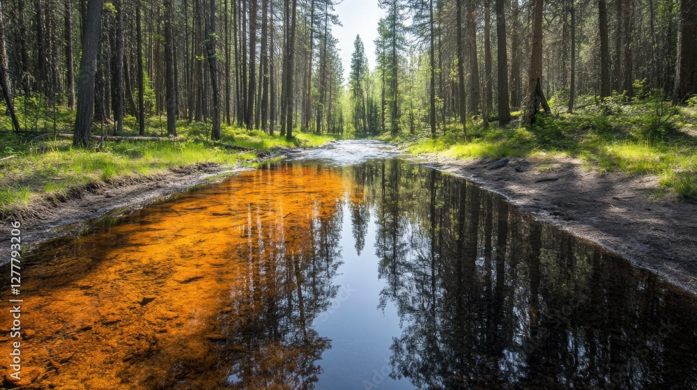 Serene Forest Stream with Clear Reflection and Vibrant Greenery in Natural Landscape Serene Forest Stream with Clear Reflection and Vibrant Greenery in Natural Landscape