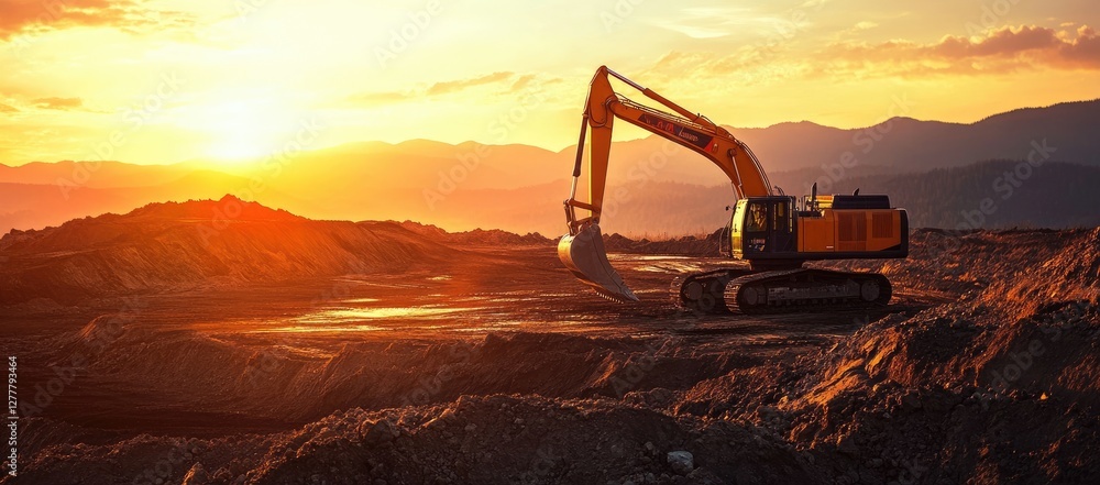 Excavator at Sunset Construction Site Excavator at Sunset Construction Site