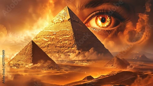 Surreal landscape featuring pyramids and a giant eye in a fiery sunset, evoking mystery