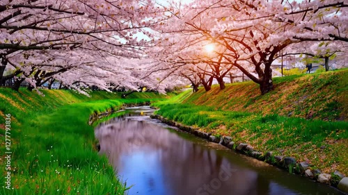 A breathtaking spring landscape featuring a serene river lined with lush green grass and cherry blossom trees in full bloom. 
