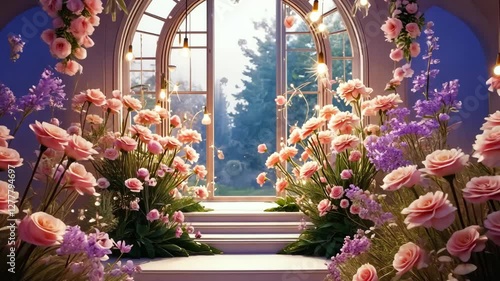 A dreamy garden view through an elegant arched window, surrounded by blooming pink and purple flowers. Soft sunlight enhances the romantic and peaceful ambiance of this enchanting scene.