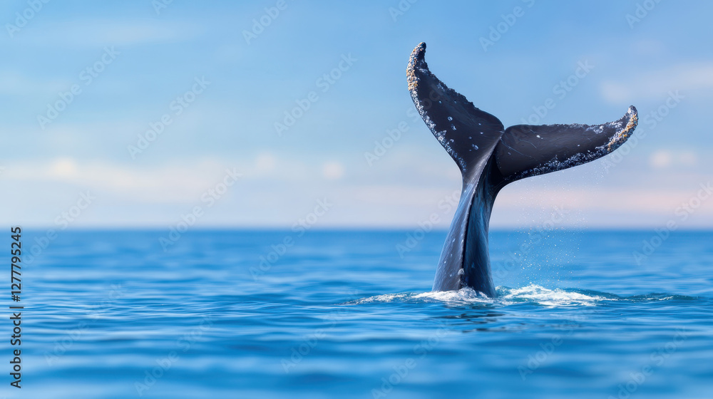 Fototapeta premium Whale tail emerging from ocean, creating serene and tranquil scene