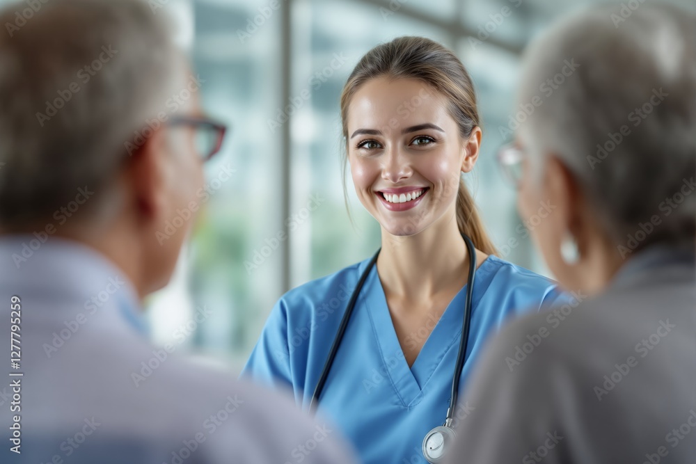 Friendly nurse in blue scrubs smiling while talking to elderly patients in a medical facility, with a bright background. Concept of healthcare and compassion. Ai generative Friendly nurse in blue scrubs smiling while talking to elderly patients in a medical facility, with a bright background. Concept of healthcare and compassion. Ai generative