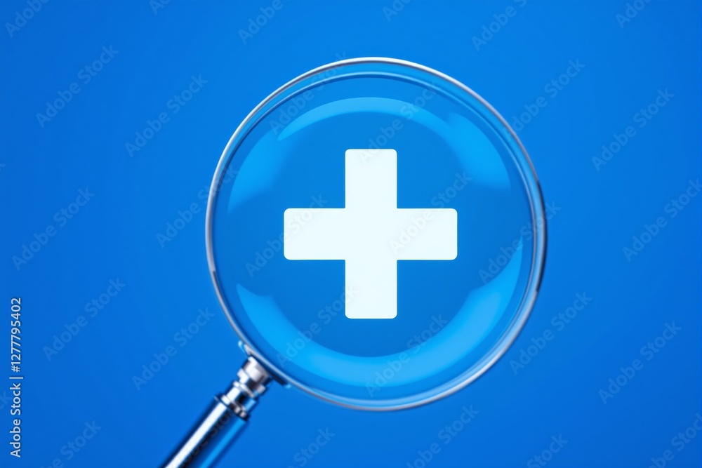 Fototapeta premium Magnifying glass highlighting a medical cross symbol on a blue background. Concept of healthcare, diagnosis, and medical research. Ai generative