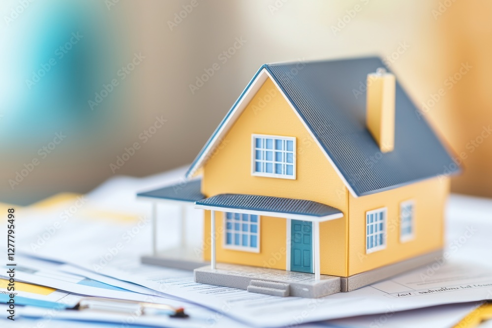 real estate investment checklist document house concept. A miniature yellow house sits on papers, symbolizing real estate and home ownership concepts. real estate investment checklist document house concept. A miniature yellow house sits on papers, symbolizing real estate and home ownership concepts.