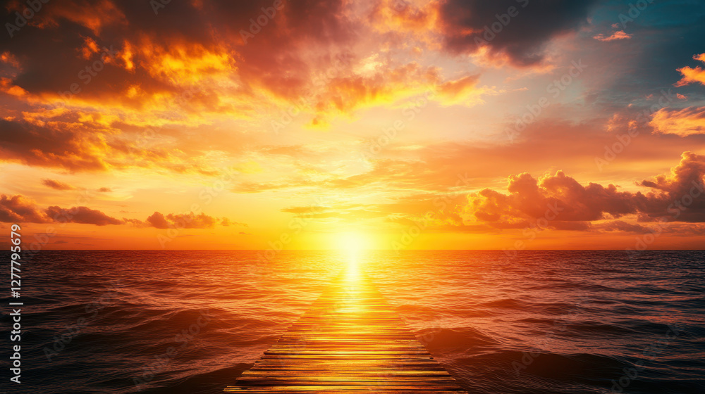 Obraz premium stunning sunset over ocean, with wooden pier leading to horizon