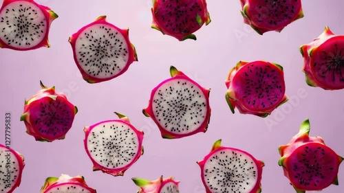 A seamless pattern of fresh dragon fruit slices floating on a soft pink background. The vibrant contrast of white pulp, black seeds, and bright pink skin creates a modern and tropical aesthetic.