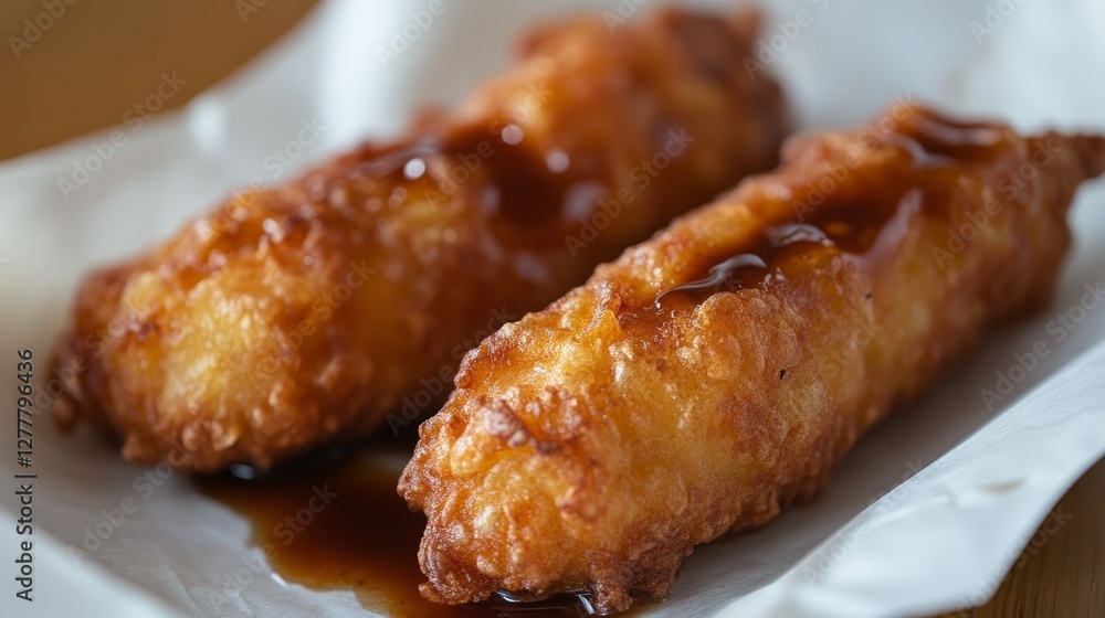 Two crispy fried items drizzled with a savory sauce on a paper tray. Two crispy fried items drizzled with a savory sauce on a paper tray.