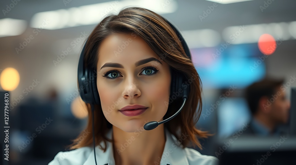 Call Center Agent in Office – Female CSR Wearing Headphones and Assisting Customers, CSR, agent in office, call center office Call Center Agent in Office – Female CSR Wearing Headphones and Assisting Customers, CSR, agent in office, call center office