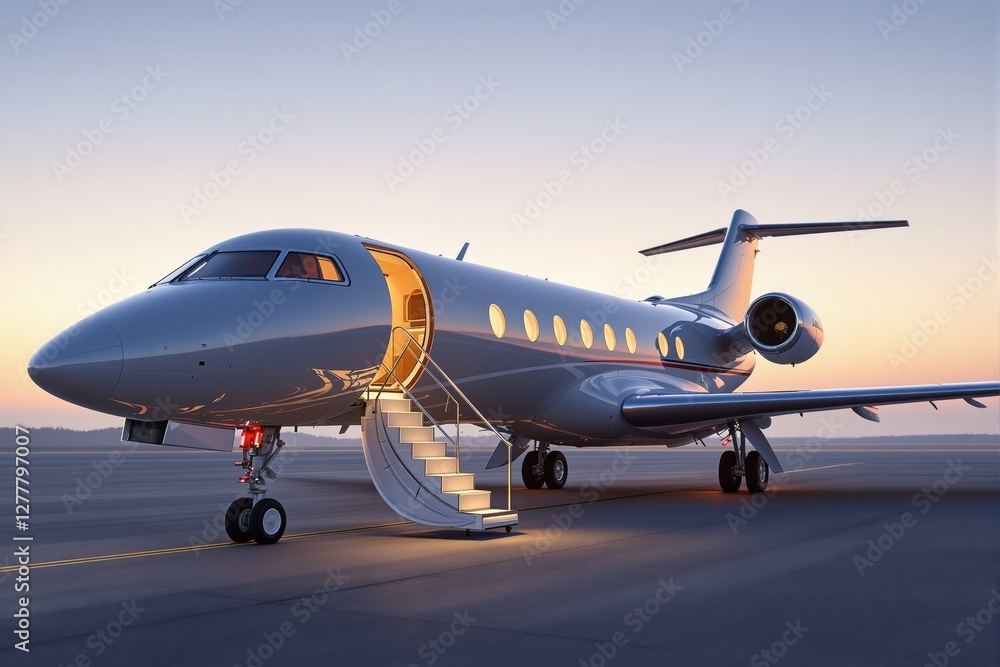 Private jet with open door and glowing stairs on runway, elegant metallic design, warm sunset background, concept of luxury air travel. Ai generative Private jet with open door and glowing stairs on runway, elegant metallic design, warm sunset background, concept of luxury air travel. Ai generative