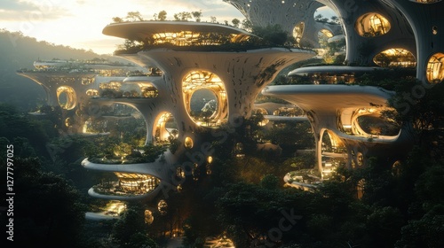 Wallpaper Mural Futuristic Urban Landscape with Organic Architecture and Lush Greenery Surrounded by Mountains at Sunset Torontodigital.ca