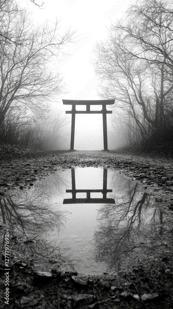 minimalist torii gate stands in fog, reflected in still puddle minimalist torii gate stands in fog, reflected in still puddle