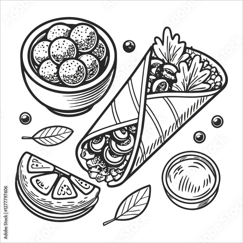 Black and White Hand-Drawn Mediterranean Food Illustration