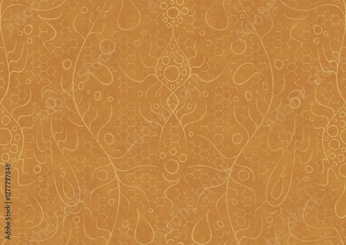 Wallpaper Mural Hand-drawn unique abstract symmetrical seamless gold ornament on a yellow background. Paper texture. Digital artwork, A4. (pattern: p13-2a) Torontodigital.ca