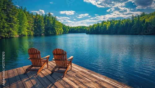 Fototapeta Naklejka Na Ścianę i Meble -  Wooden Adirondack chairs on a lake dock, tranquil summer scene
