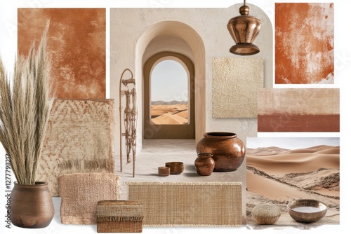 Sophisticated moodboard featuring a warm earthy color palette in evening light