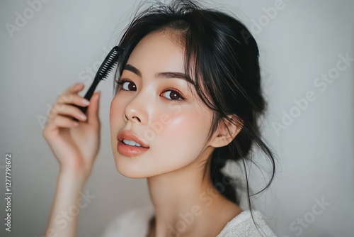 A beauty tutorial setup featuring an Asian woman demonstrating how to properly brush hair.