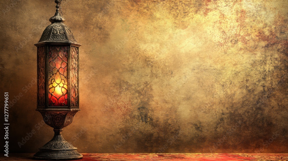 Elegant Antique Lantern with Warm Glow Against Textured Background in Dim Lighting Elegant Antique Lantern with Warm Glow Against Textured Background in Dim Lighting
