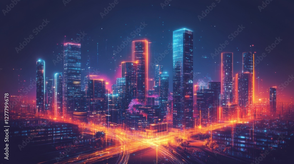 custom made wallpaper toronto digitalVibrant Modern City Skyline at Night with Glowing Lights and Neon Accents