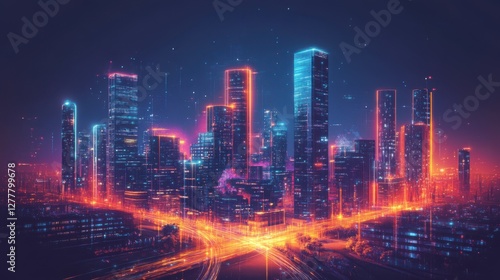 Wallpaper Mural Vibrant Modern City Skyline at Night with Glowing Lights and Neon Accents Torontodigital.ca