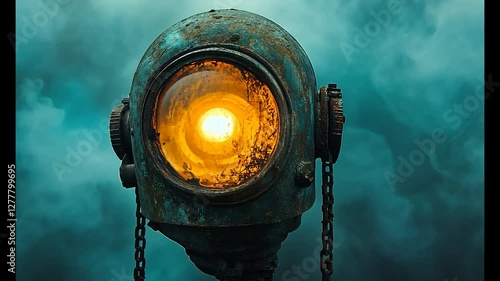 Rusty vintage diving helmet with glowing light amidst smoky background