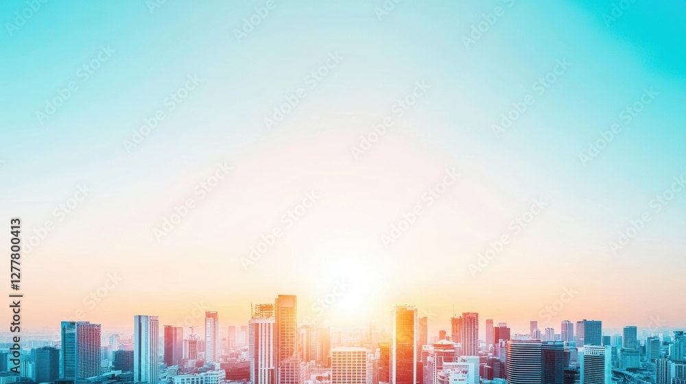 Fototapeta premium A sunrise over a city, with the rising sun casting a warm glow on the silhouetted buildings, signifying a new day and fresh start.