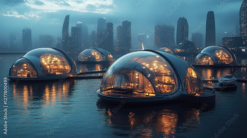 Obraz premium Modern Architectural Marvels in a Misty Cityscape with Futuristic Floating Domes at Dusk