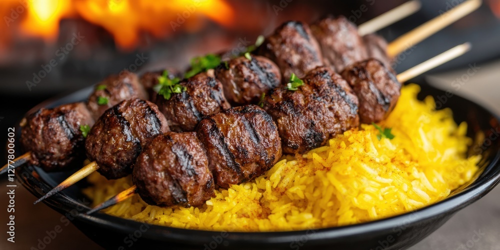 grilled kofta skewers, saffron rice is served with perfectly charred kebab kofta skewers, sprinkled with sumac, against a blurred open-fire grill grilled kofta skewers, saffron rice is served with perfectly charred kebab kofta skewers, sprinkled with sumac, against a blurred open-fire grill