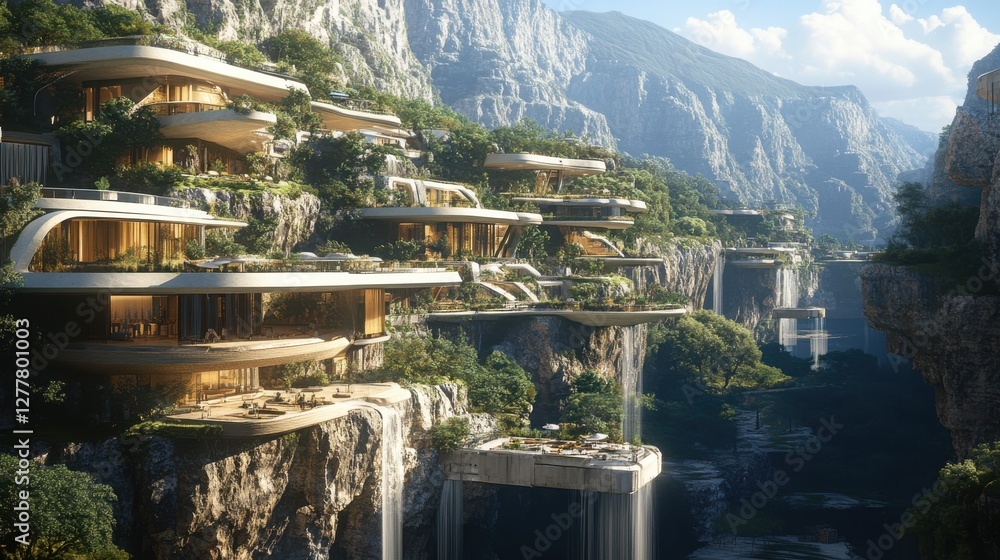 Stunning Modern Architecture Overlooking Lush Green Valley with Scenic Waterfalls and Majestic Mountains Stunning Modern Architecture Overlooking Lush Green Valley with Scenic Waterfalls and Majestic Mountains