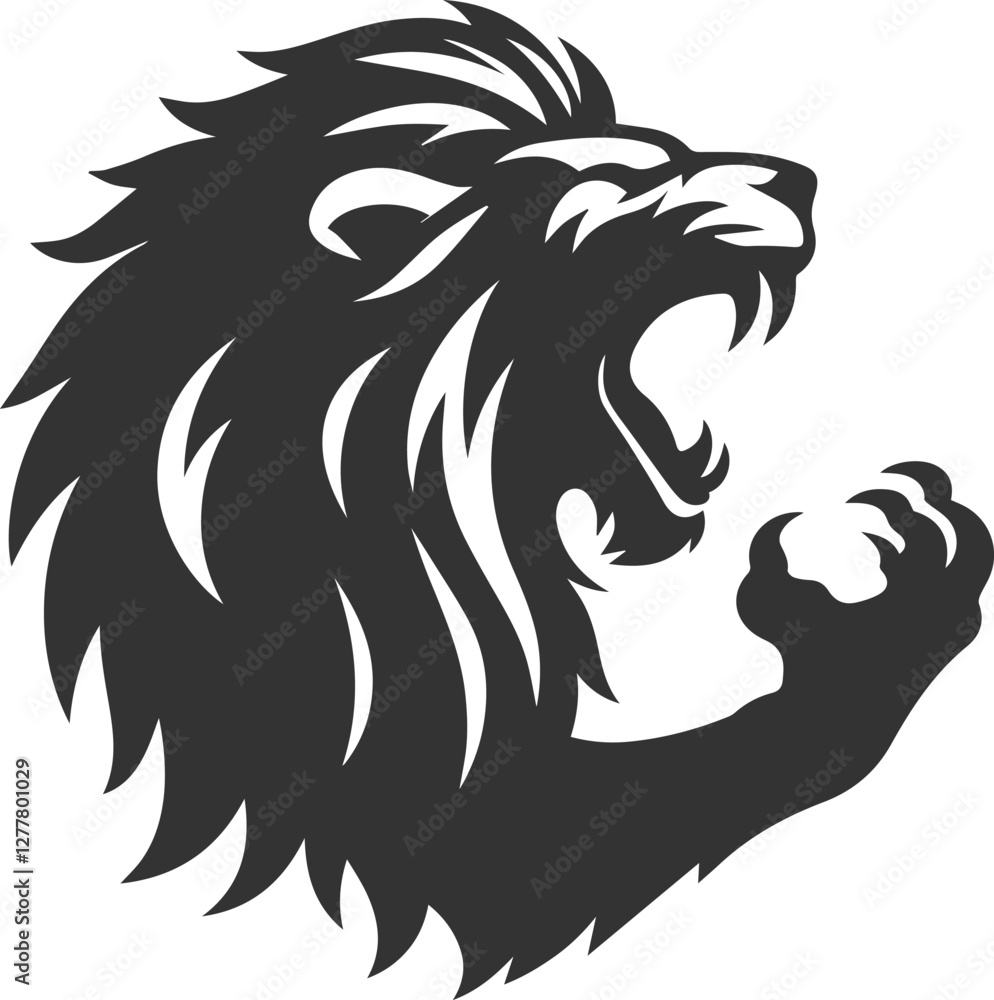Fototapeta premium Silhouette of a lion roaring loudly with its claws extended