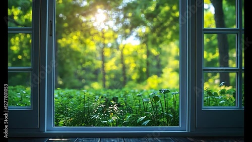 Tranquil view of a sunlit forest through an open window showcasing nature