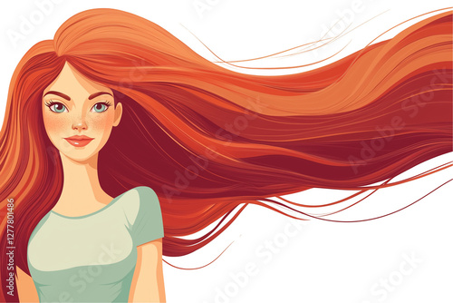 Illustrated Woman with Flowing Red Hair in Cartoon Style