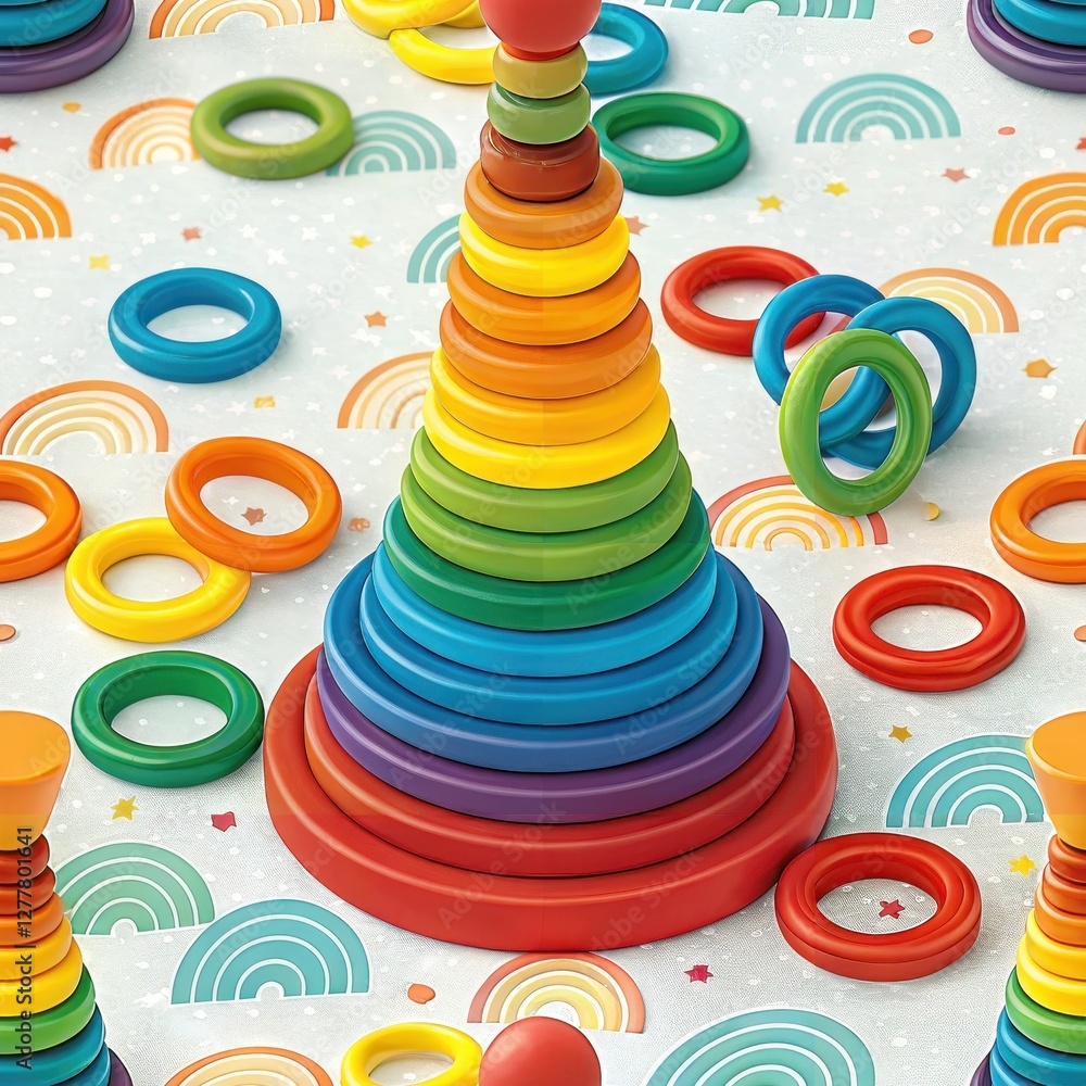 Obraz premium Colorful Stacking Toy Playtime Home Environment Educational Content Vibrant Atmosphere Close-Up View Creative Learning
