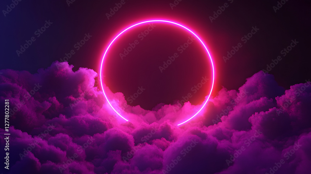 Fototapeta premium Ethereal pink neon circle glowing above vibrant purple cloudscape; abstract digital art, futuristic background.