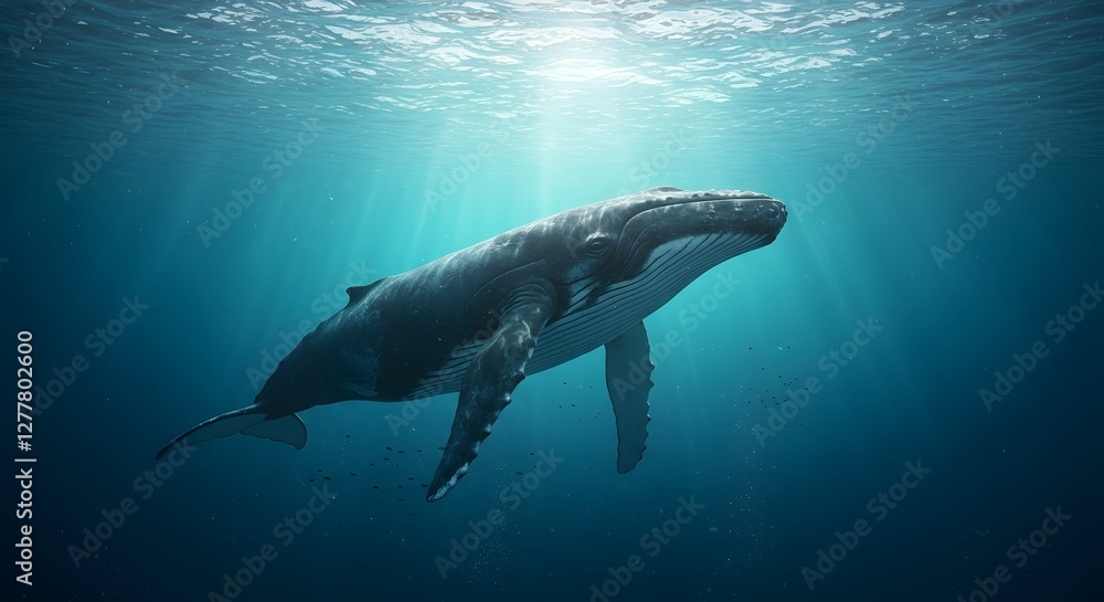 Fototapeta premium Humpback Whale Swimming Gracefully Underwater with Sun Rays Shining Through