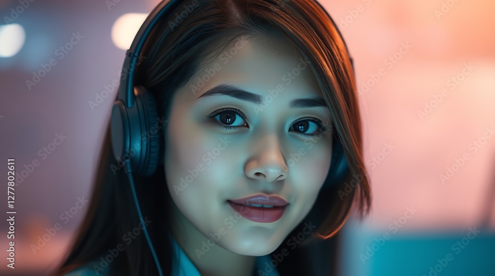 Call Center Agent in Office – Female CSR Wearing Headphones and Assisting Customers, CSR, agent in office, call center office Call Center Agent in Office – Female CSR Wearing Headphones and Assisting Customers, CSR, agent in office, call center office