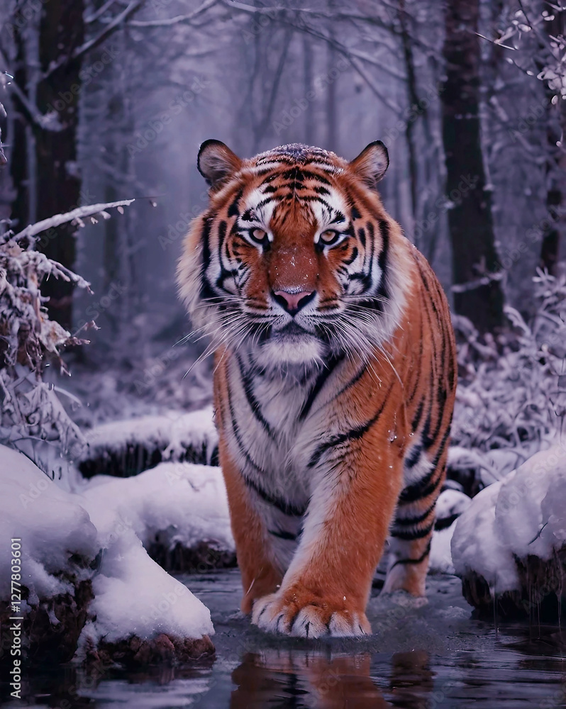Obraz premium A Royal Bengal Tiger Looks Menacing in the Snow-Covered Forest. 