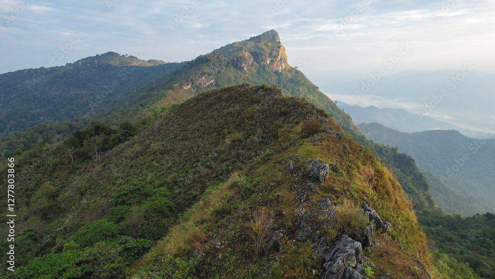 Naklejka premium Aerial landscape view of the mountain range by drone